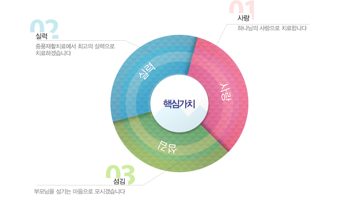 핵심가치 1 사랑: 하나님의 사랑으로 치료합니다, 핵심가치 2 실력: 중풍재활치료에서 최고의 실력으로 치료하겠습니다, 핵심가치 3 섬김 부모님을 섬기는 마음으로 모시겠습니다.